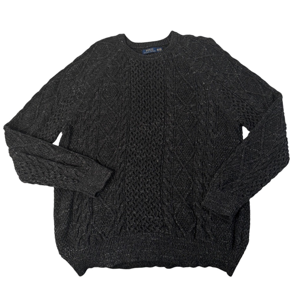 Polo Ralph Lauren Mens XXL Charcoal Gray Cable Knit Cotton Crew Neck Sweater